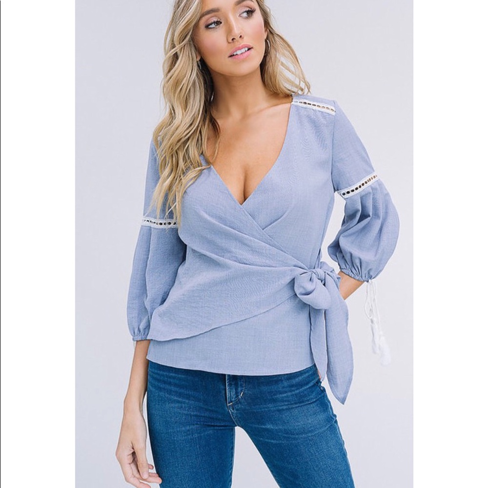 Light Blue Textured Woven Wrap Top - Picture 3 of 5